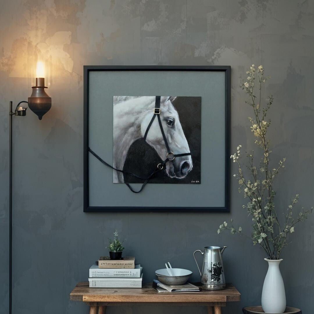 Willow &amp; Silk Horse with 3-D Bridle Framed Canvas Wall Art 60x60cm