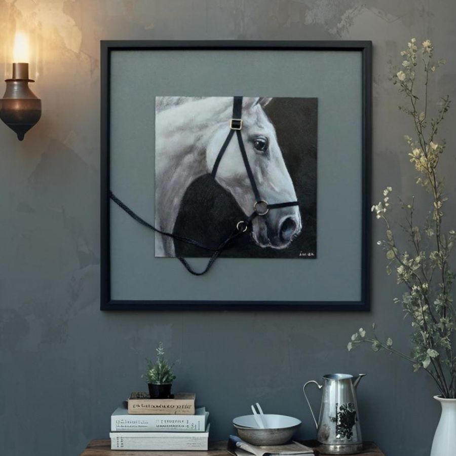 Willow &amp; Silk Horse with 3-D Bridle Framed Canvas Wall Art 60x60cm