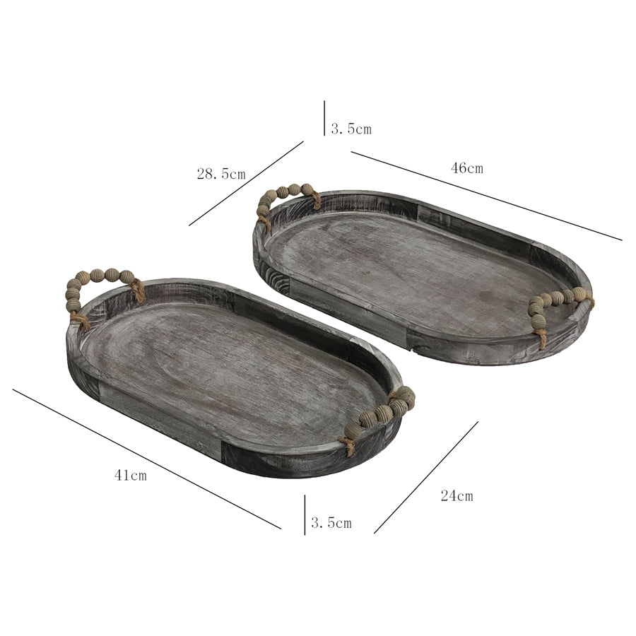 Willow &amp; Silk Wooden 46/41cm Set of 2 Oval Serving Trays w/ Beaded Handles