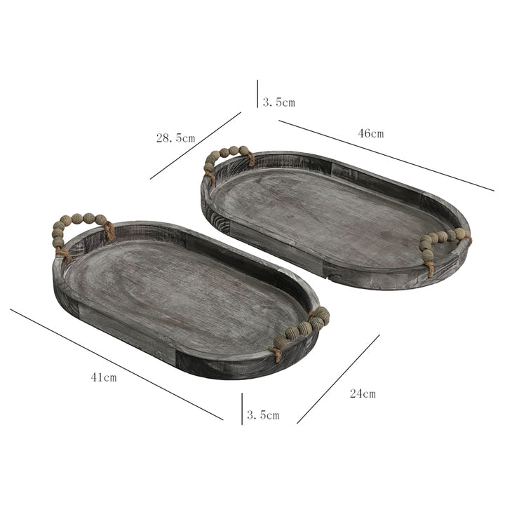 Willow &amp; Silk Wooden 46/41cm Set of 2 Oval Serving Trays w/ Beaded Handles