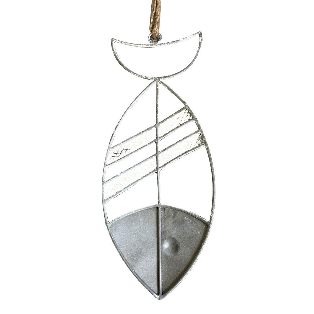 Willow &amp; Silk Metal 38cm Hanging Whitewash Fish w/Rope Ornament
