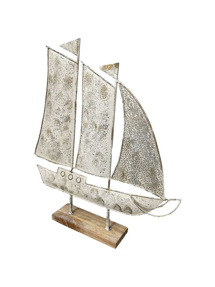 Willow &amp; Silk Sailboat Ornament Metal/Wood Distressed White 56cm On Base