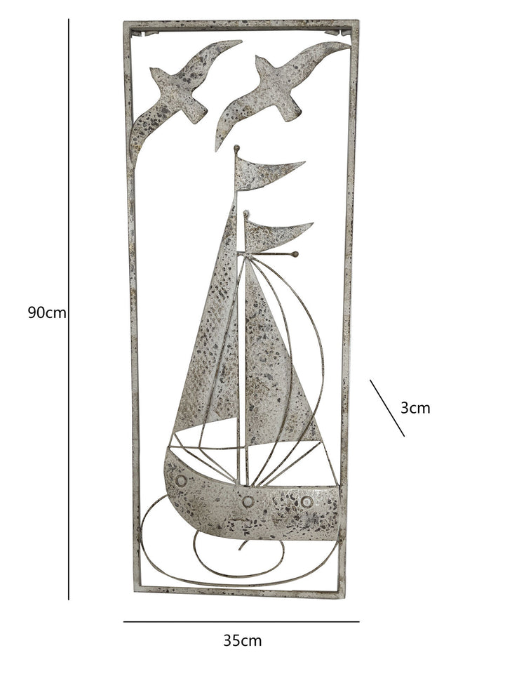 Willow &amp; Silk Metal 90cm Distressed Finish Sail Boat w/ Seagulls Wall Art