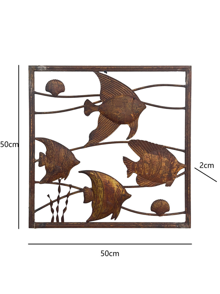 Willow &amp; Silk Metal 50cm Rustic Square Fish School Wall Art