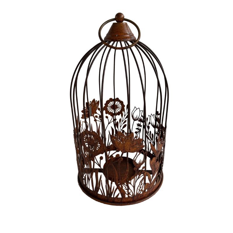 Willow &amp; Silk Metal 39cm Rust Bird Cage w/ Flowers Pillar Candle Holder