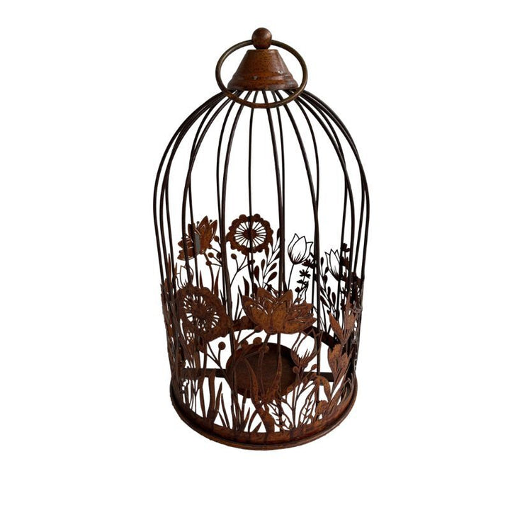 Willow &amp; Silk Metal 39cm Rust Bird Cage w/ Flowers Pillar Candle Holder