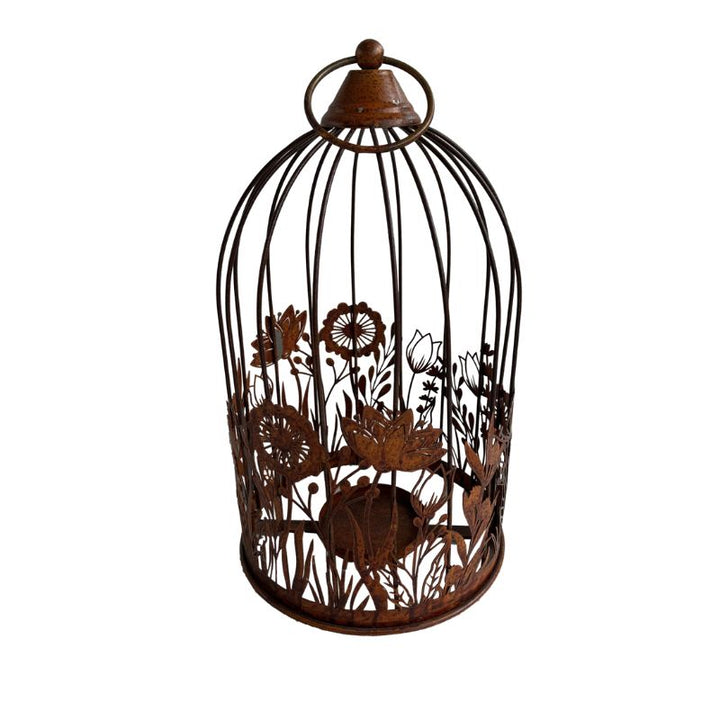 Willow &amp; Silk Metal 39cm Rust Bird Cage w/ Flowers Pillar Candle Holder