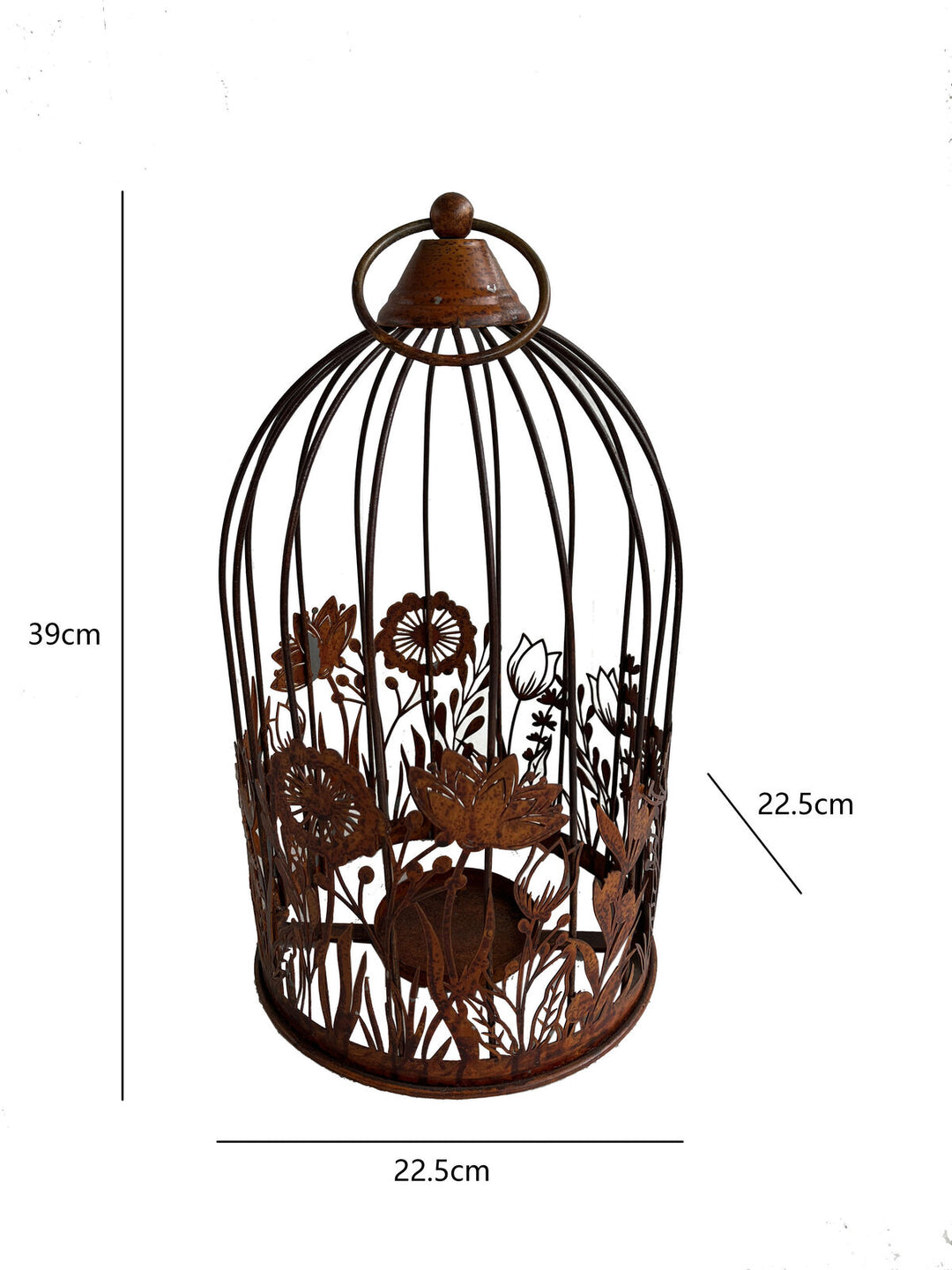 Willow &amp; Silk Metal 39cm Rust Bird Cage w/ Flowers Pillar Candle Holder