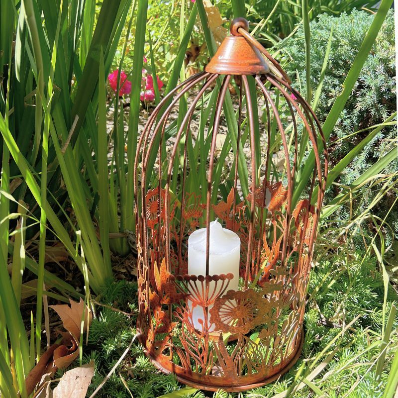 Willow &amp; Silk Metal 39cm Rust Bird Cage w/ Flowers Pillar Candle Holder