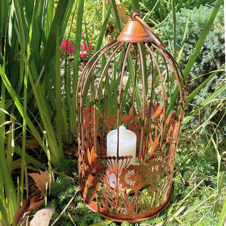 Willow &amp; Silk Metal 39cm Rust Bird Cage w/ Flowers Pillar Candle Holder