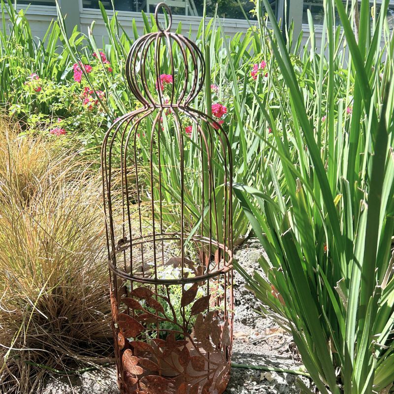 Willow &amp; Silk Metal 69cm Rustic Golden Birdcage w/ Leaves Plant Holder