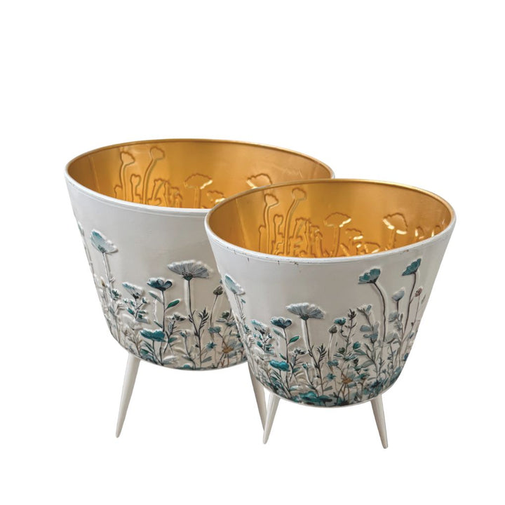 Willow &amp; Silk Set of 2 Blue Floral Planters on Legs 28.2x37