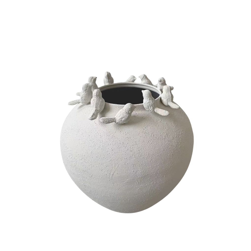Willow &amp; Silk Birds Gather Metal White Vase 28.5x30