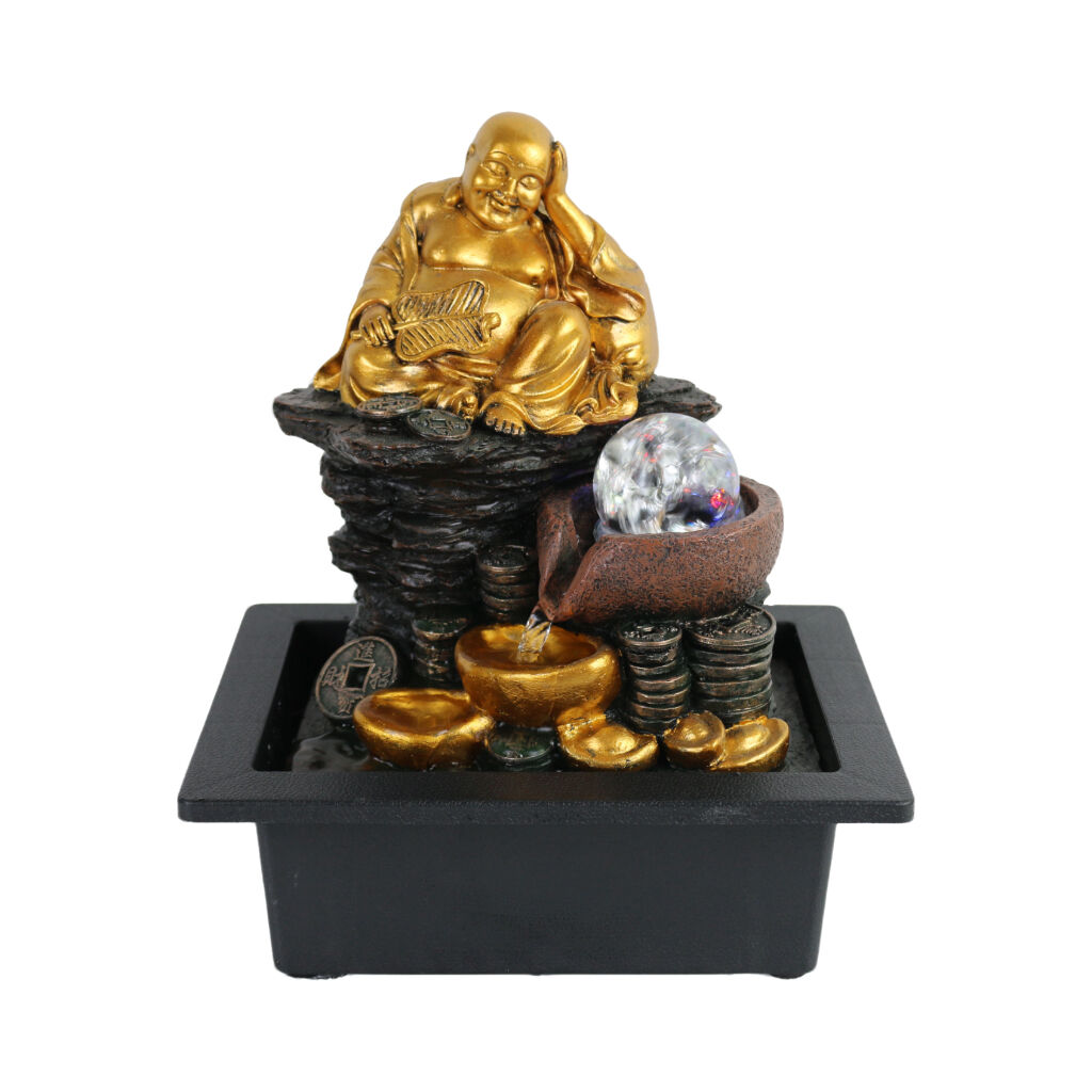 Willow &amp; Silk Water Feature Fountain Gilt Laughing Buddha 24x18x27cm